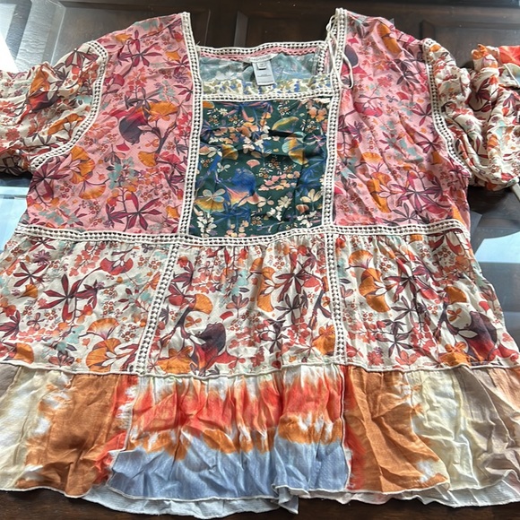 John Mark Plus Size Mixed Print Crochet Trim Square Neck 3/4 Cuff Sleeve - Picture 8 of 14